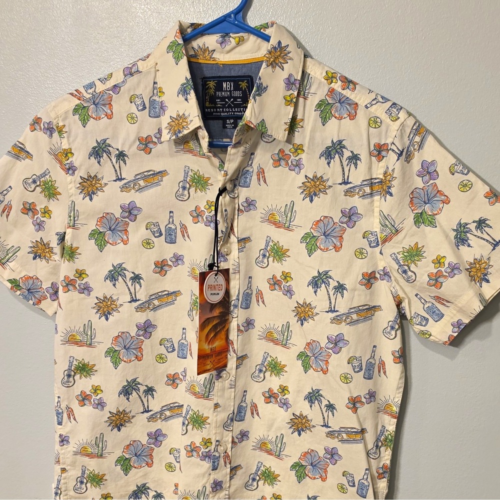 MBX Men's Woven Cotton SS Button-Up Tropical Floral Point Collar S Beige #360